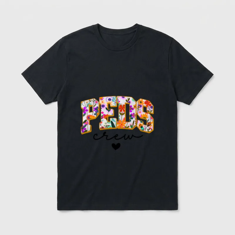 Peds Nurse Picu Pediatrics T-Shirt – Floral PEDS letters with cursive crew script and heart – Classic T-Shirt in Black
