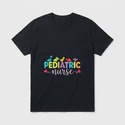 Nurse Pediatric Dino Crew T-Shirt – PEDIATRIC nurse lettering with cute cartoon dinosaurs – Classic T-Shirt in Black
