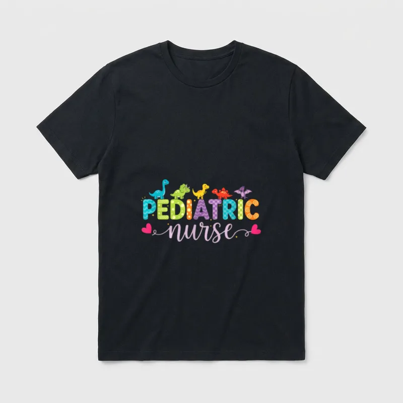 Nurse Pediatric Dino Crew T-Shirt – PEDIATRIC nurse lettering with cute cartoon dinosaurs – Classic T-Shirt in Black