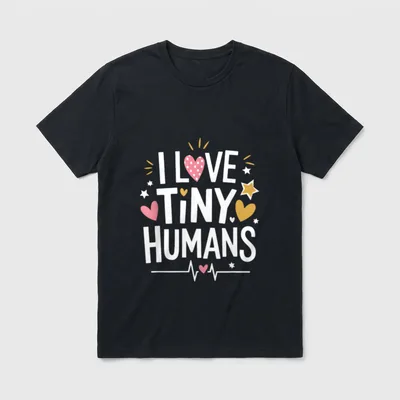 I Love Tiny Humans Nurse T-Shirt – “I Love Tiny Humans” with dotted heart, stars, and pulse line – Classic T-Shirt in Black