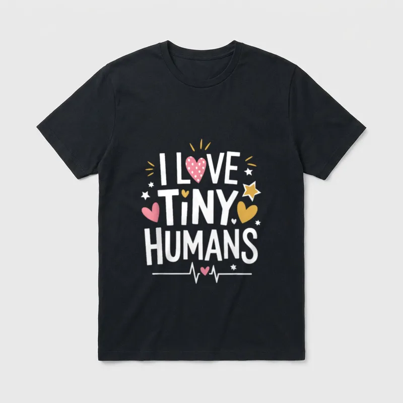 I Love Tiny Humans Nurse T-Shirt – “I Love Tiny Humans” with dotted heart, stars, and pulse line – Classic T-Shirt in Black