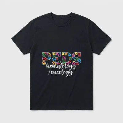Onc Nurse T-Shirt – PEDS in colorful handprints above hematology oncology script – Classic T-Shirt in Black