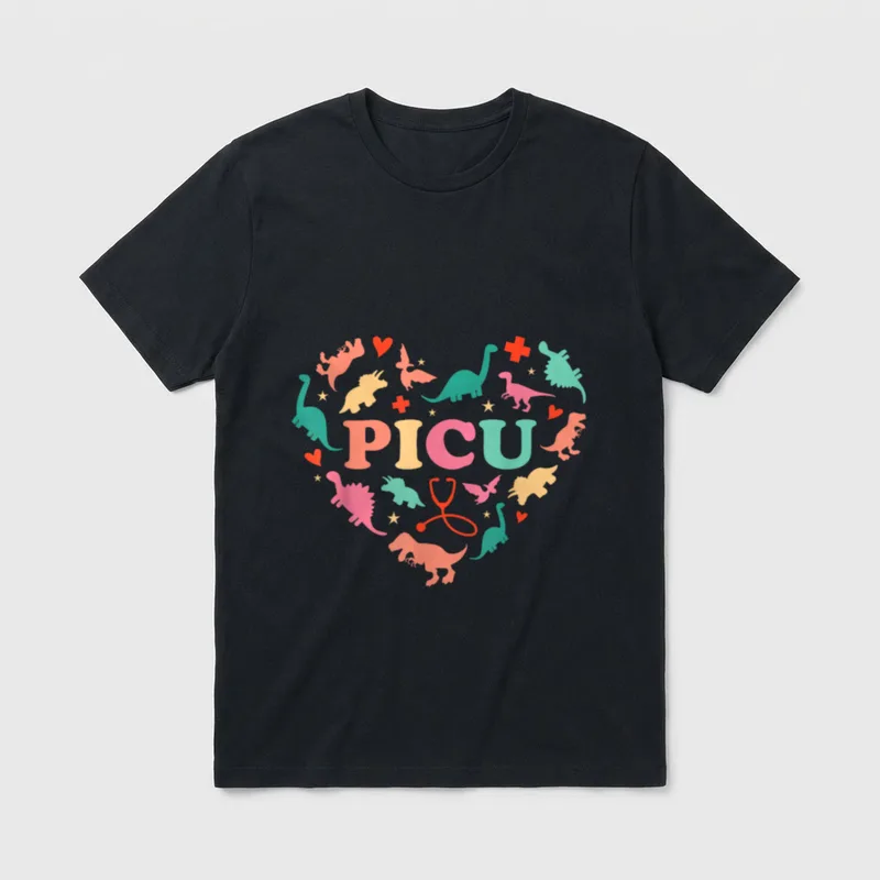 PICU Pediatric Nurse Heart Cute Dinosaur T-Shirt – Classic T-Shirt in Black