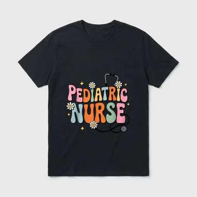 Funny Pediatric Nurse Art T-Shirt – Pediatric Nurse lettering with daisies and a stethoscope – Classic T-Shirt in Black