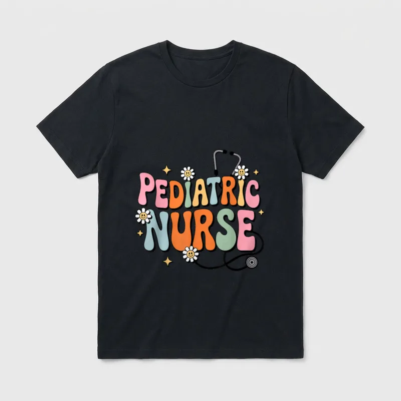 Funny Pediatric Nurse Art T-Shirt – Pediatric Nurse lettering with daisies and a stethoscope – Classic T-Shirt in Black