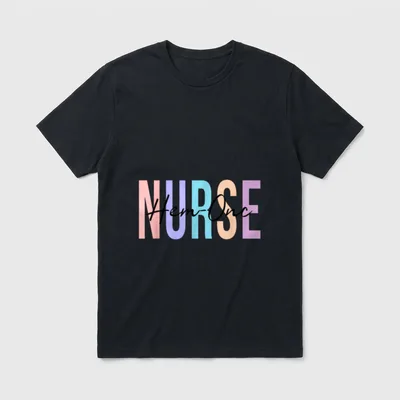 Onc RN Nurse T-Shirt – Hem-Onc in cursive script across pastel letters spelling NURSE – Classic T-Shirt in Black