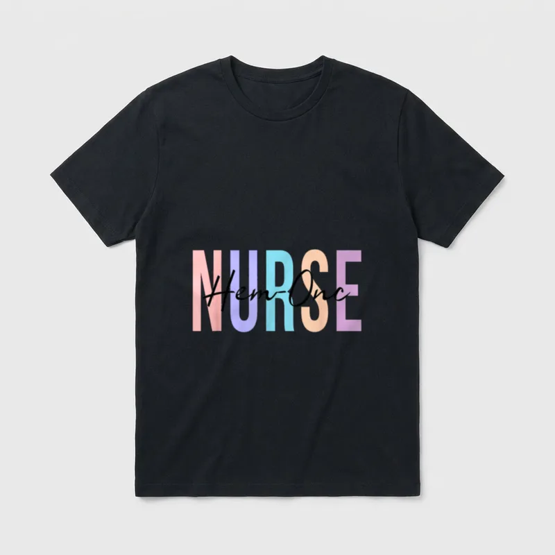 Onc RN Nurse T-Shirt – Hem-Onc in cursive script across pastel letters spelling NURSE – Classic T-Shirt in Black