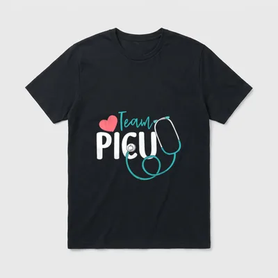 PICU Nurse Pediatric RN T-Shirt – Team PICU lettering with a pink heart and looped stethoscope – Classic T-Shirt in Black