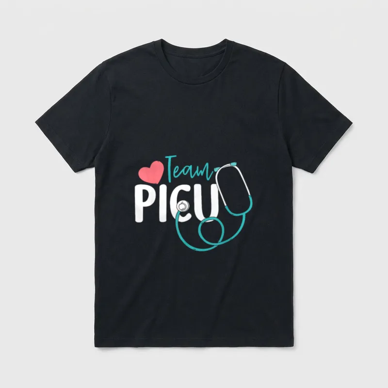 PICU Nurse Pediatric RN T-Shirt – Team PICU lettering with a pink heart and looped stethoscope – Classic T-Shirt in Black