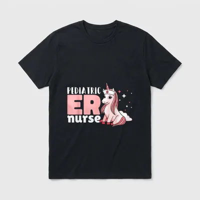 Pediatric ER Nurse T-Shirt – PEDIATRIC ER nurse with pink unicorn wearing a nurse cap – Classic T-Shirt in Black