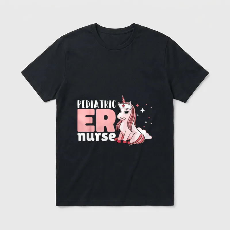 Pediatric ER Nurse T-Shirt – PEDIATRIC ER nurse with pink unicorn wearing a nurse cap – Classic T-Shirt in Black