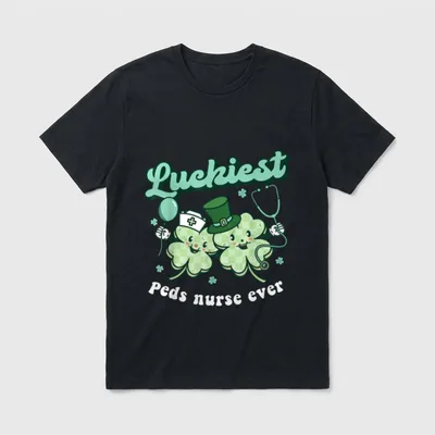 Luckiest PEDS Nurse St Day Pediatric T-Shirt – Retro lettering reading Luckiest Peds nurse ever – Classic T-Shirt in Black