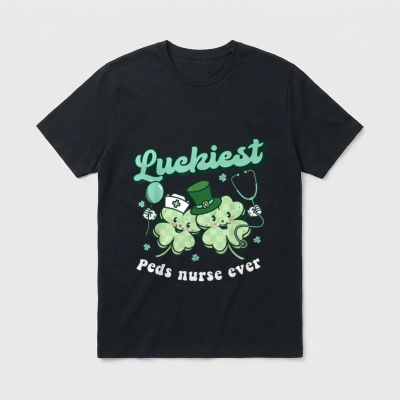 Luckiest PEDS Nurse St Day Pediatric T-Shirt – Retro lettering reading Luckiest Peds nurse ever – Classic T-Shirt in Black