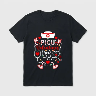 PICU Valentines Nurse Crew T-Shirt – PICU Valentines Crew lettering with medical tools and hearts – Classic T-Shirt in Black