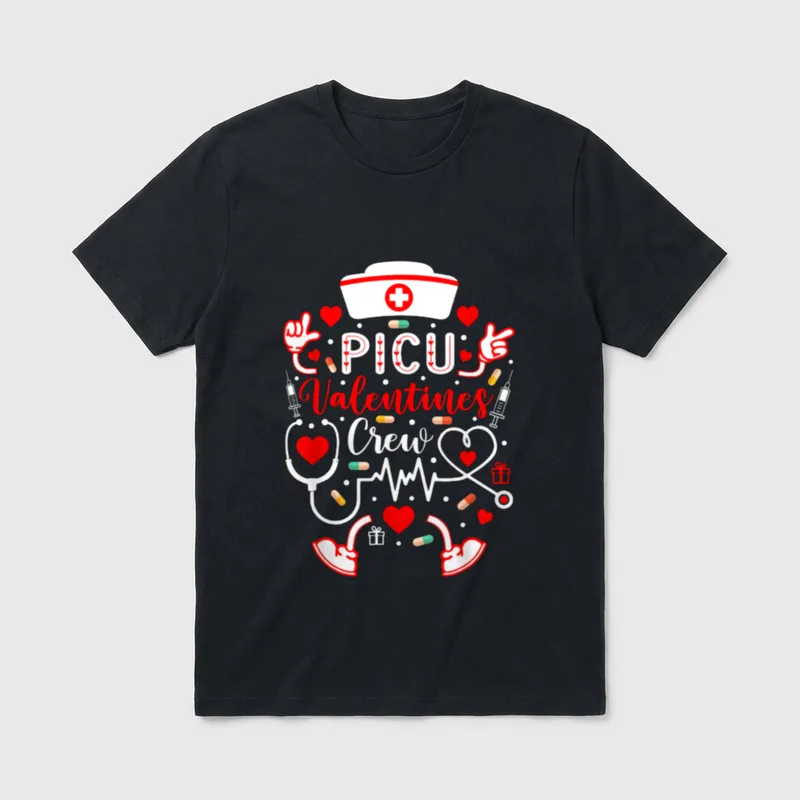 PICU Valentines Nurse Crew T-Shirt – PICU Valentines Crew lettering with medical tools and hearts – Classic T-Shirt in Black