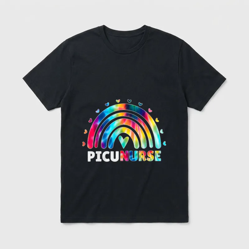 PICU Nurse Rainbow Tie Dye T-Shirt – Rainbow arch with hearts and PICU NURSE lettering – Classic T-Shirt in Black