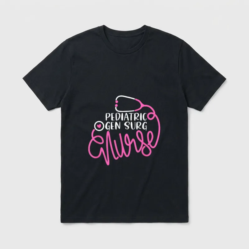 Pediatric Gen Surg Nurse RN T-Shirt – PEDIATRIC GEN SURG Nurse with pink stethoscope tubing – Classic T-Shirt in Black