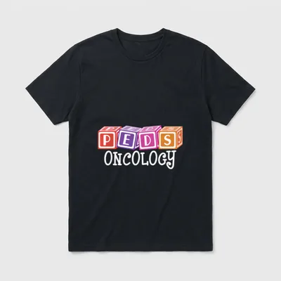 Onc Nurse PEDS Oncology T-Shirt – Colorful toy blocks spelling PEDS with white Oncology script – Classic T-Shirt in Black