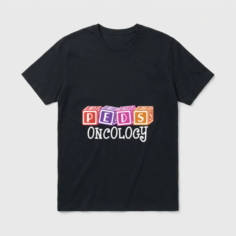 Onc Nurse PEDS Oncology T-Shirt – Colorful toy blocks spelling PEDS with white Oncology script – Classic T-Shirt in Black