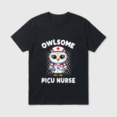 Picu Nurse Owlsome Owl T-Shirt – Cartoon nurse owl with stethoscope and text OWLSOME PICU NURSE – Classic T-Shirt in Black