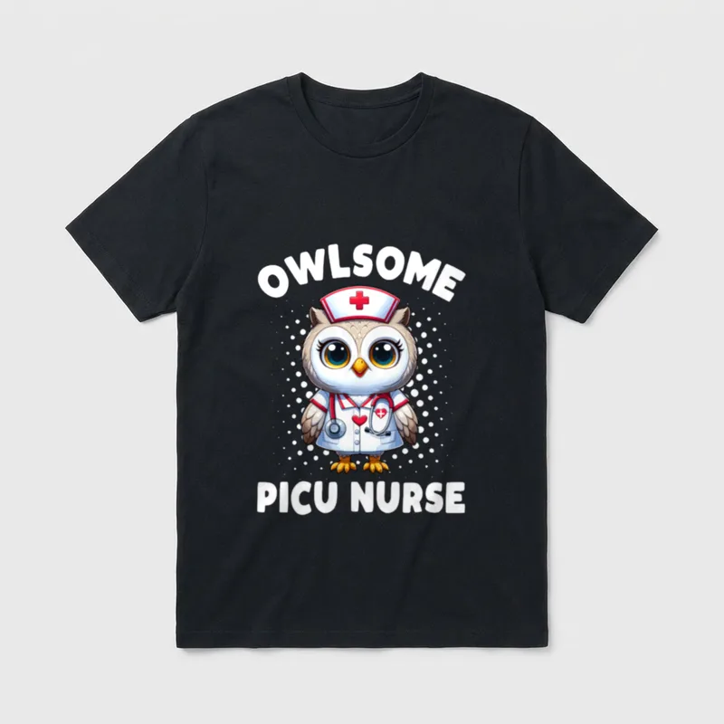 Picu Nurse Owlsome Owl T-Shirt – Cartoon nurse owl with stethoscope and text OWLSOME PICU NURSE – Classic T-Shirt in Black