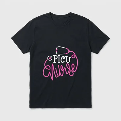 PICU Nurse Intensive T-Shirt – PICU Nurse lettering with a stethoscope and small heart – Classic T-Shirt in Black