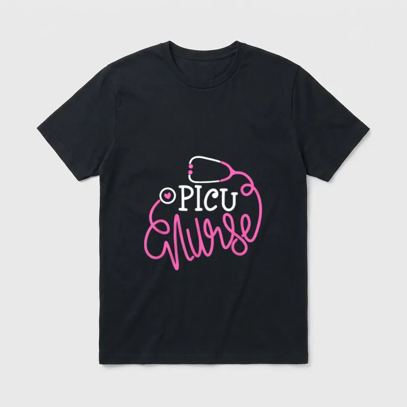 PICU Nurse Intensive T-Shirt – PICU Nurse lettering with a stethoscope and small heart – Classic T-Shirt in Black