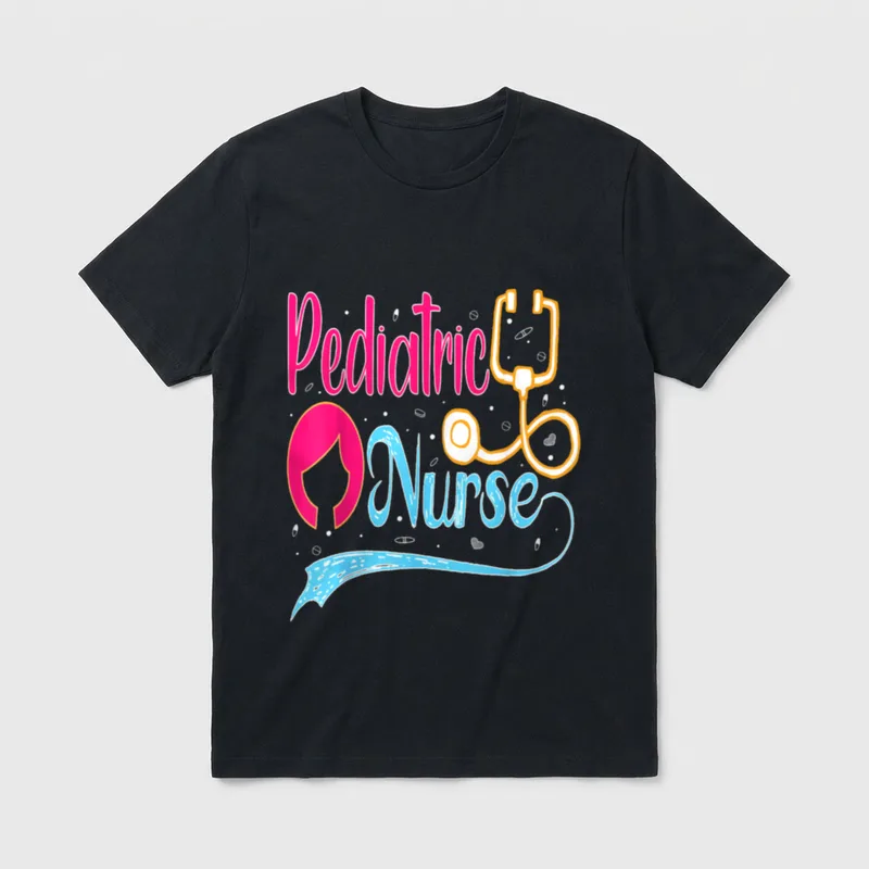 Pediatric Nurse Child T-Shirt – Pediatric Nurse lettering with stethoscope and pill doodles – Classic T-Shirt in Black