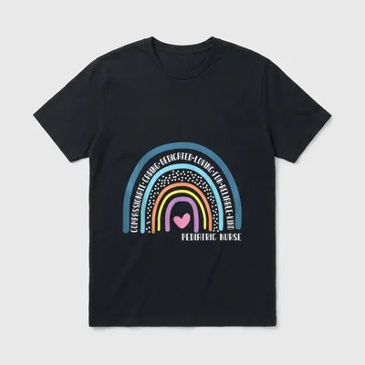 Pediatric Nurse Cute Rainbow T-Shirt – Pediatric nurse rainbow with heart and caring trait words – Classic T-Shirt in Black