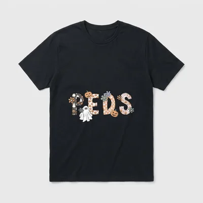 Halloween Nurse Peds Boo Boo Crew T-Shirt – “PEDS” lettering with ghosts, pumpkins, and flowers – Classic T-Shirt in Black
