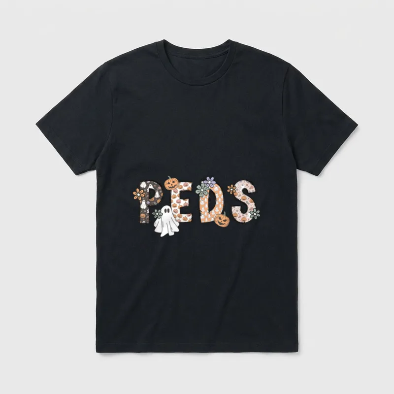 Halloween Nurse Peds Boo Boo Crew T-Shirt – “PEDS” lettering with ghosts, pumpkins, and flowers – Classic T-Shirt in Black