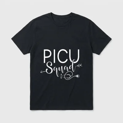 PICU Squad Nurse T-Shirt – White PICU Squad lettering with an arrow and a stethoscope – Classic T-Shirt in Black