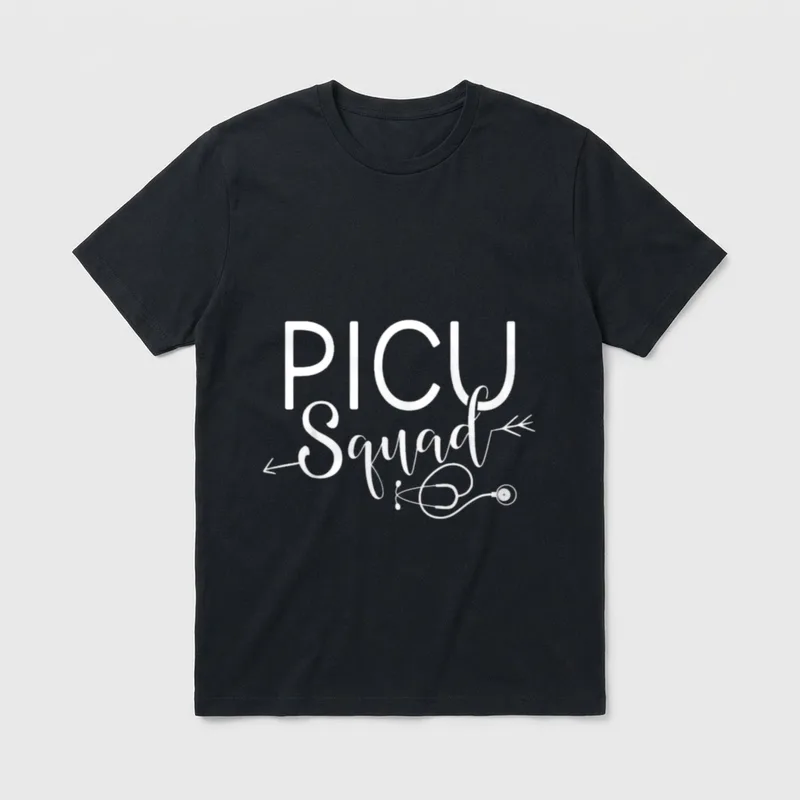 PICU Squad Nurse T-Shirt – White PICU Squad lettering with an arrow and a stethoscope – Classic T-Shirt in Black