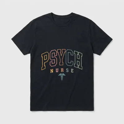 Psych Nurse Psychiatric Mental Health T-Shirt – Arched PSYCH above solid NURSE and caduceus emblem – Classic T-Shirt in Black