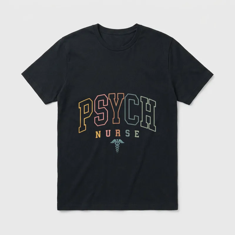 Psych Nurse Psychiatric Mental Health T-Shirt – Arched PSYCH above solid NURSE and caduceus emblem – Classic T-Shirt in Black