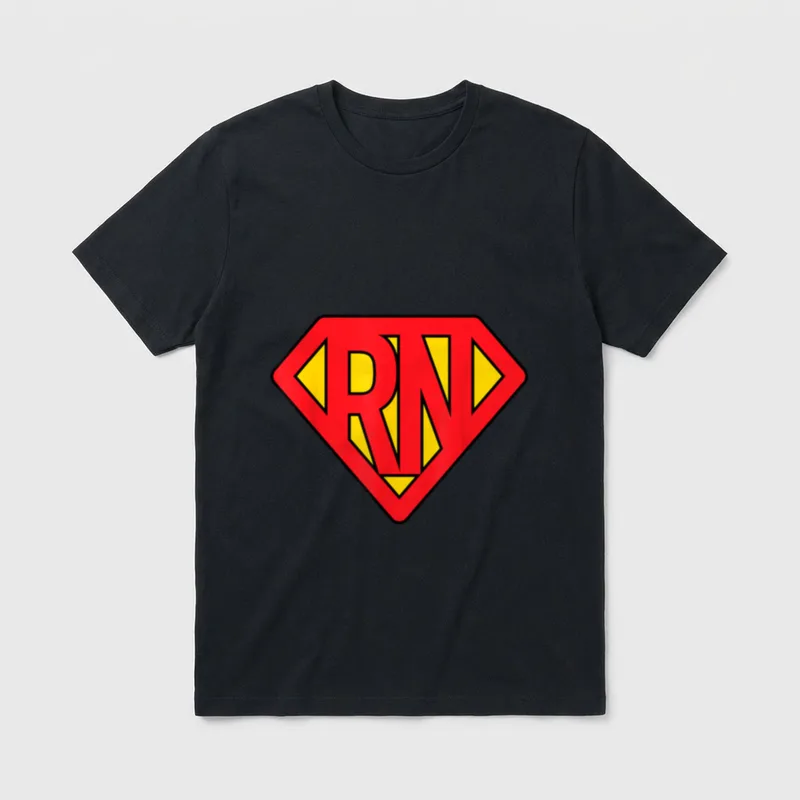 Registered Nurse Shirt – Superhero diamond shield emblem with red and yellow RN letters – Classic T-Shirt in Black