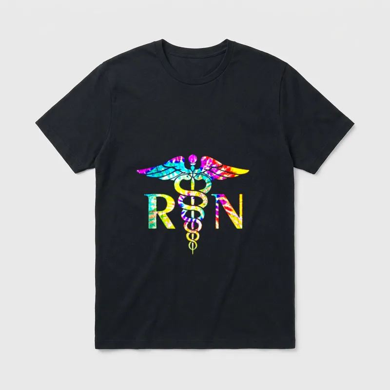 RN Nurse Shirt – Tie-dye RN lettering with winged caduceus symbol – Classic T-Shirt in Black