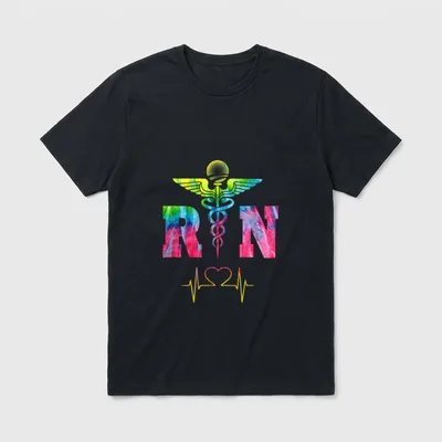 RN Registered Nurse T-Shirt – Tie dye RN letters with a colorful caduceus and heart pulse line – Classic T-Shirt in Black