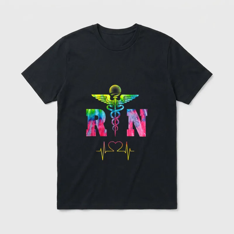 RN Registered Nurse T-Shirt – Tie dye RN letters with a colorful caduceus and heart pulse line – Classic T-Shirt in Black