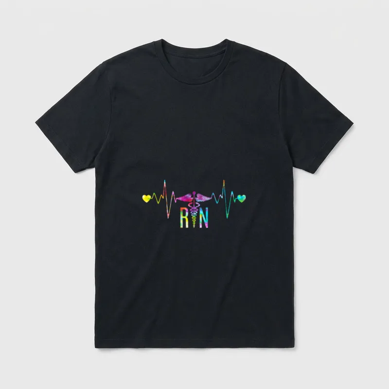 Lovely RN Registered Nurse Tie Dye T-Shirt – Tie dye heartbeat line with caduceus and RN letters – Classic T-Shirt in Black