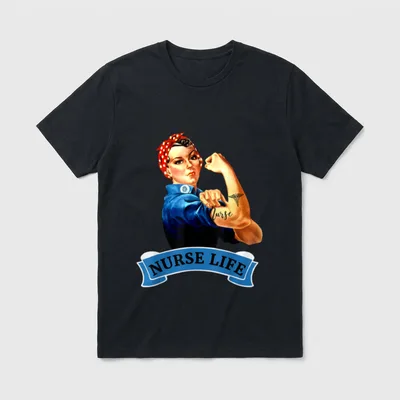 Rosie the Riveter Vintage Nurse Life T-Shirt – “Nurse” arm tattoo and “NURSE LIFE” banner text – Classic T-Shirt in Black