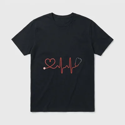 Nurse Stethoscope T-Shirt – Red stethoscope forming a heart and heartbeat pulse rhythm – Classic T-Shirt in Black