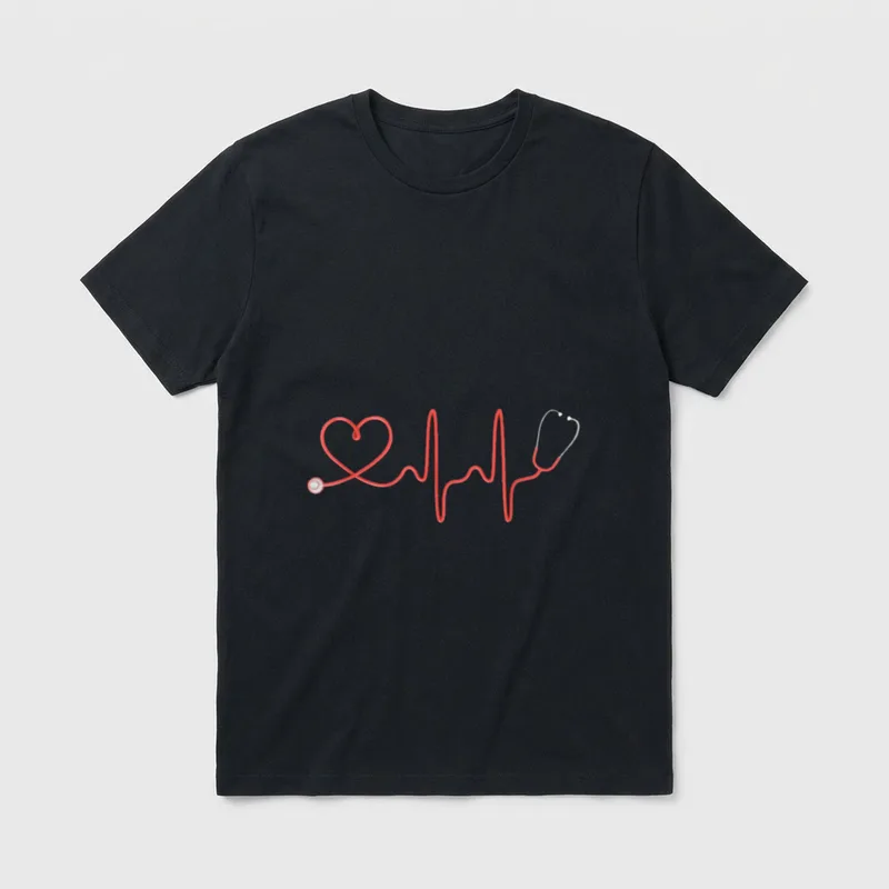 Nurse Stethoscope T-Shirt – Red stethoscope forming a heart and heartbeat pulse rhythm – Classic T-Shirt in Black
