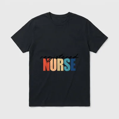 Registered Nurse RN Nursing T-Shirt – registered in script across colorful NURSE block letters – Classic T-Shirt in Black