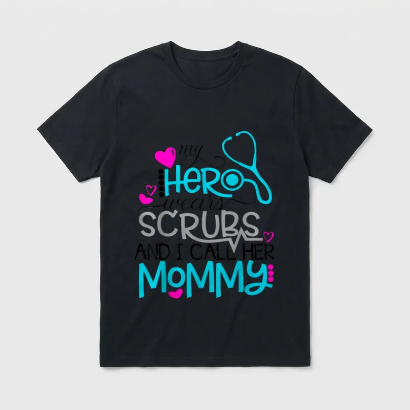 Kids RN T-Shirt – Stethoscope with my hero wears scrubs and I call her mommy text – Classic T-Shirt in Black