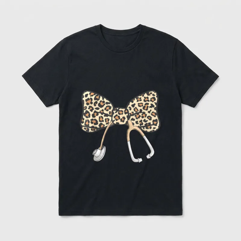 Coquette Bow Stethoscope Leopard Nurse Registered T-Shirt – Classic T-Shirt in Black