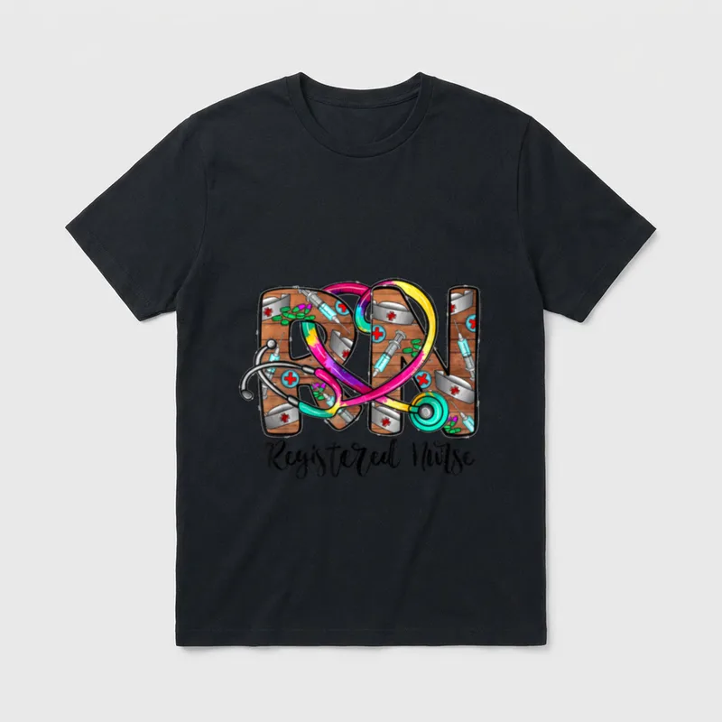 Nurse's Week Registered T-Shirt – RN Registered Nurse text with colorful stethoscope – Classic T-Shirt in Black