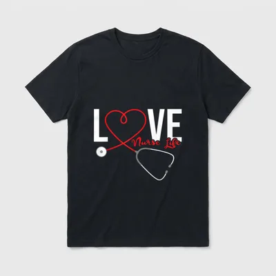 Love Nurse Life T-Shirt – Stethoscope shaped into a heart with LOVE and Nurse Life text – Classic T-Shirt in Black