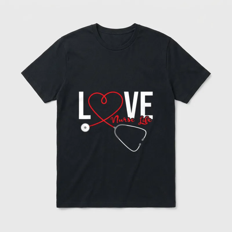Love Nurse Life T-Shirt – Stethoscope shaped into a heart with LOVE and Nurse Life text – Classic T-Shirt in Black