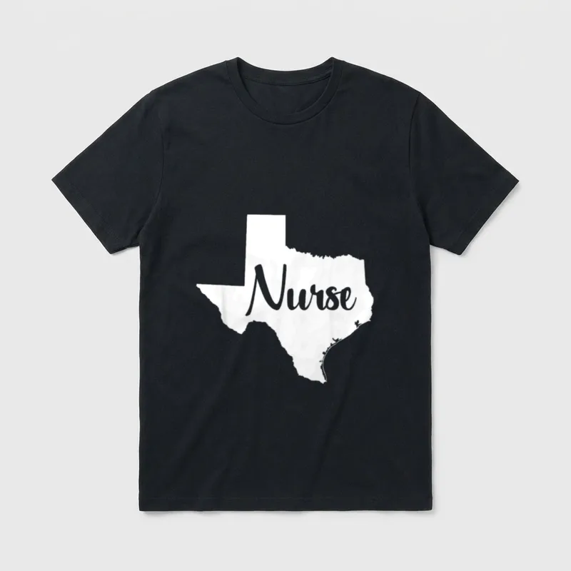 Texas Nurse RN LVN BSN MSN T-Shirt – Texas state silhouette with script Nurse lettering – Classic T-Shirt in Black